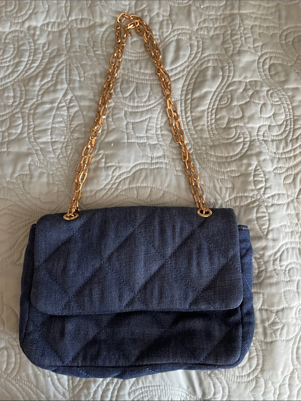 LOFT Quilted Navy Shoulder Bag with Gold Chain